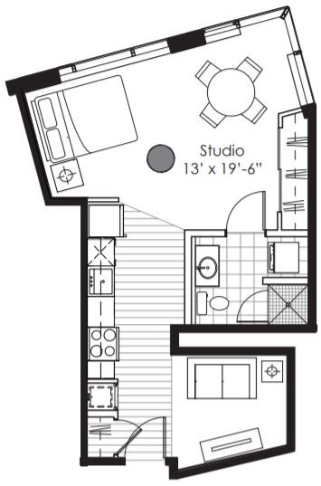 Floor plan for studio, 1 bath, 534 sqft